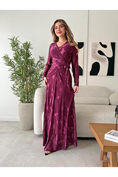 Opera Fashion Burgundy satin wrap dress with an elegant design
