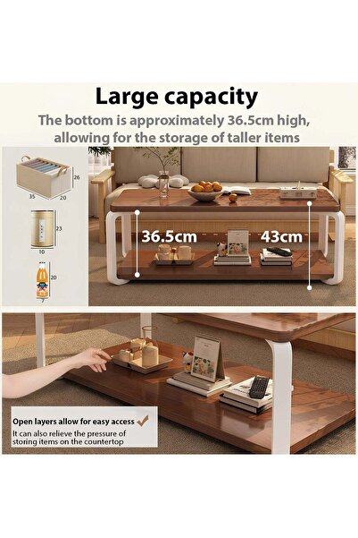 Taimi 2-layers Modern Center Table With Elegant Design-brown Coffee Table and White Meta Frame 100x50x43cm