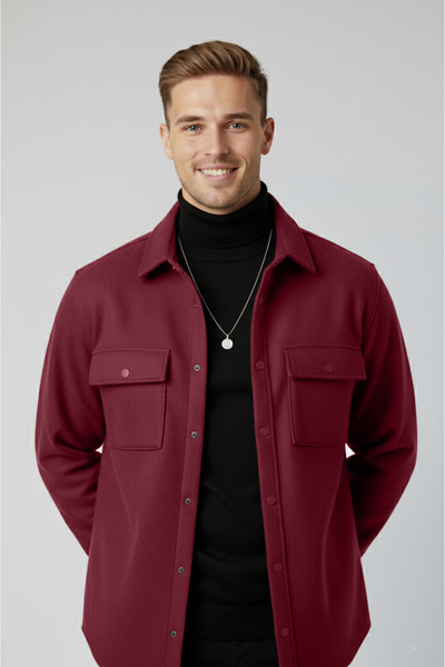 DeepSEA Men's Burgundy Cashmere Jacket Coat – Relaxed Fit Jacket with Pockets and Snap Fasteners 2500559