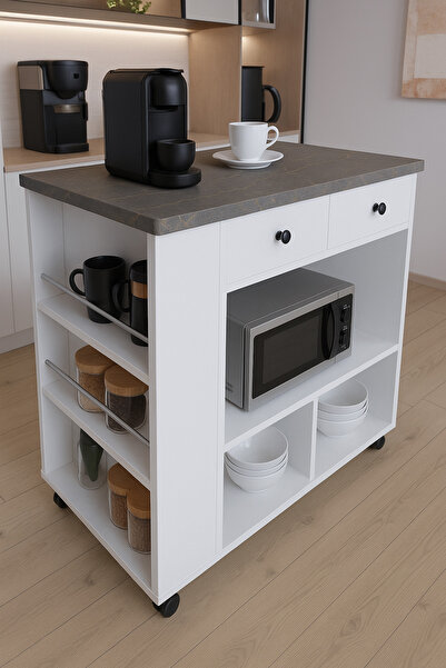 moka park avm Tekerlekli i Kahve Köşesi Dolabı Oval Kenarlı Mikrodalga ve Tost Makinesi Uyumlu, Modern Tasarım