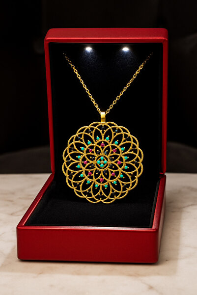 KAR DİAMOND 14 Ayar Altın Zincirli Turkuaz Siyah Kırmızı Taşlı Yaşam Çiçeği K...