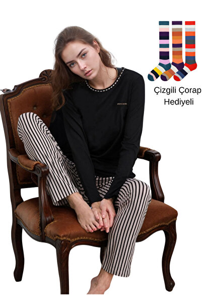 Pierre Cardin Women's Cotton Striped Bottom Pajama Set with Socks Gift A8R7C6U6R