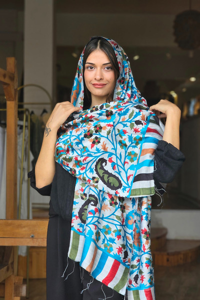 İpek Mavi Turuncu Şal Desen Baş Örtüsü