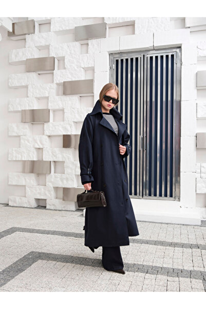 HOPE AND ME Premium Oversized Lined Long Navy Blue Trench Coat
