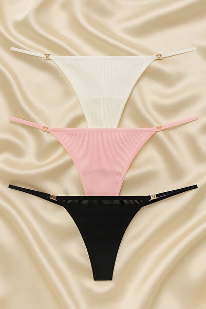 Oprah Kadın 3 Lü Paket Gold Aksesuarlı Pamuklu String Külot