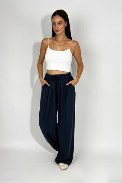 Betimoda Women's Woven Modal Elastic Waist Wide Leg Pants with Pockets and Drawstring P Palazzo Pants Navy Blue