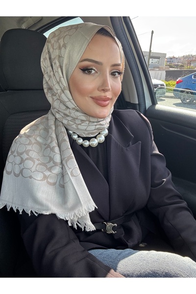 Şalcı C desen ithal YÜN İPEK pamuklu şal dört mevsime uygun bej
