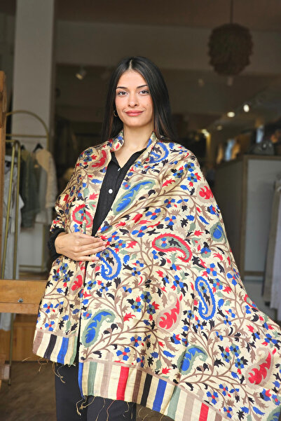 İpek Krem Mavi Şal Desen Baş Örtüsü