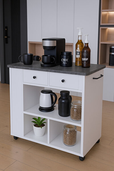 moka park avm Tekerlekli i Kahve Köşesi Dolabı Oval Kenarlı Mikrodalga ve Tost Makinesi Uyumlu, Modern Tasarım