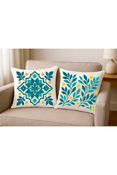 MİNOZA Decorative Throw Pillow Cover with Digital Printed Punch Embroidery Look Leaf Pattern