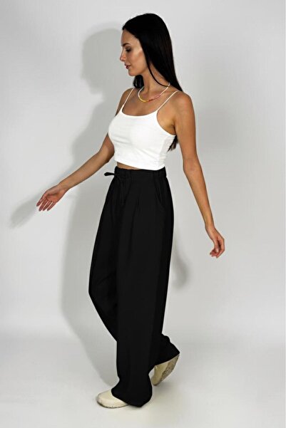 Betimoda Women's Woven Modal Elastic Waist Wide Leg Pocketed Drawstring P Palazzo Pants Black