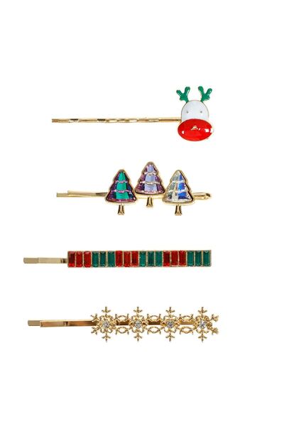 OEM Metallic Gold Hair Clips, Deer, Snowflakes, Christmas Rhinestones - 4pcs