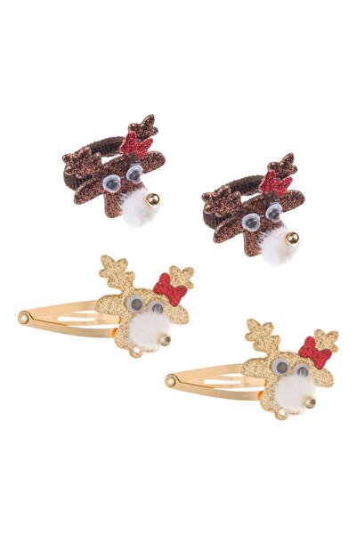 OEM Set of Metal Hair Clips & Elastics with Christmas Reindeer Glitter 5cm - 4pcs