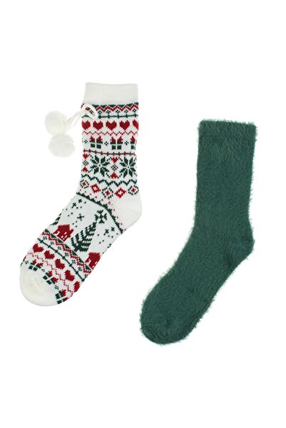 OEM Fluffy Christmas Socks Green Ecru Jacquard (36-42) - 2 pairs