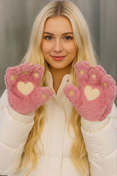 CAŞ DEKORASYON Pink and Cream Paw Strap Plush Gloves