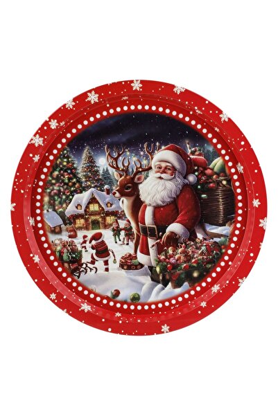 OEM Platou Metalic Decorativ de Craciun Rosu Mos Craciun Ren Ø32.5cm