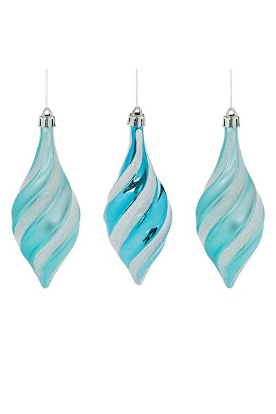 OEM Christmas Tree Ornaments Turquoise Cones with White Holographic Stripes 14cm - 3pcs