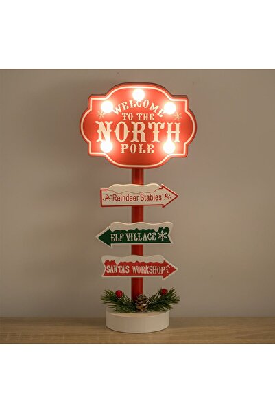 OEM Tabela Decorativa de Craciun din Lemn Rosie "North Pole" cu Funda & Lumin...