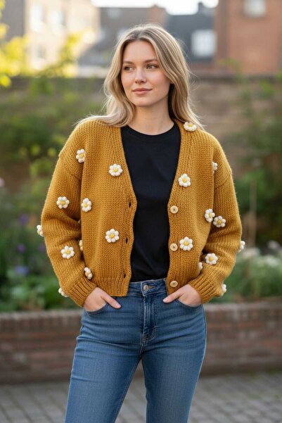 EM&MA DESİNG Emma Women's Cardigan Vest in Brown Color and Flower Pattern