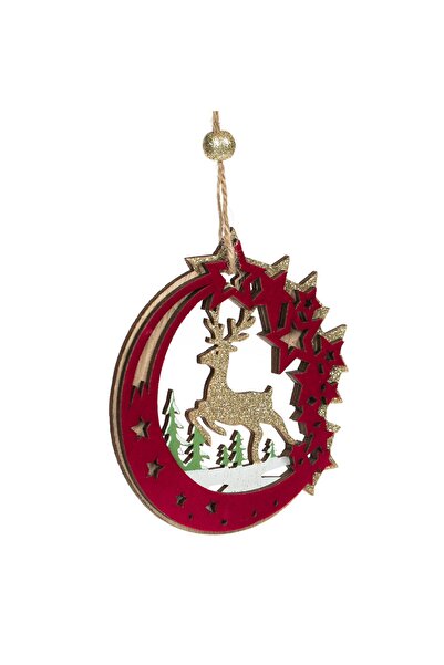 OEM Wooden Christmas Tree Ornament Burgundy Velvet Crescent Deer Star Glitter 10cm