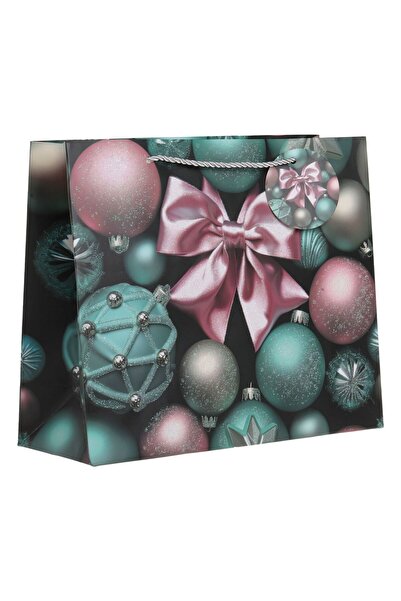 OEM Sacosa Cadou cu Model Globuri de Craciun & Glitter Holografic 32x10x26cm