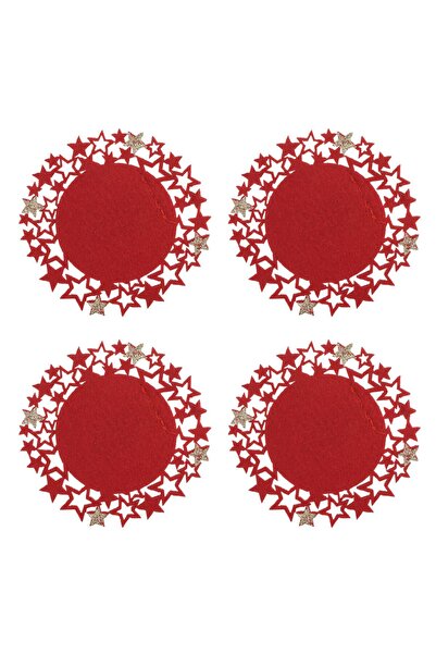 OEM Set of Red Felt Coasters Stars with Beige Glitter Ø12cm - 4pcs
