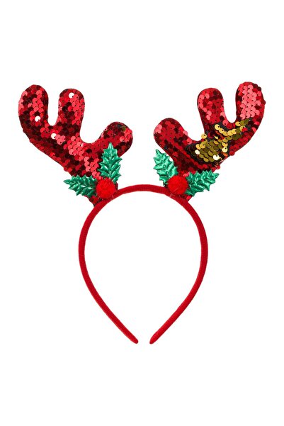 OEM Hair Crown with Reindeer Antlers, Red Sequins, Mistletoe, 11 centimeters