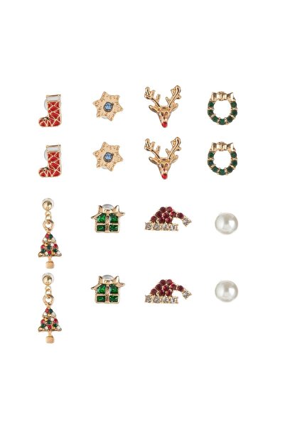 OEM Christmas Earring Set 8 Different Designs Gold Color Strass Beads - 8 pairs