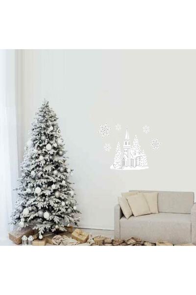 OEM Autocolante Decorative de Craciun Biserica Fulgi Albi Argintii Glitter 18x23cm