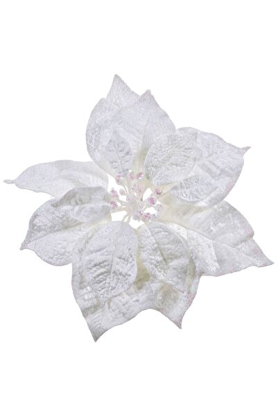 OEM Floare Decorativa de Craciun Alba Catifelata cu Glitter & Clips 25cm