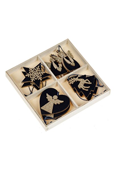 OEM Ornamente Brad de Craciun 4 Modele din Lemn Albastre Aurii Catifelate 5cm - 8buc