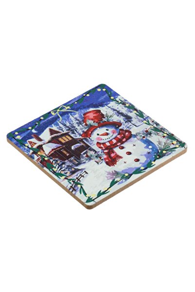 OEM Square MDF Christmas Glass Holder Vintage Snowman with House 11x11cm