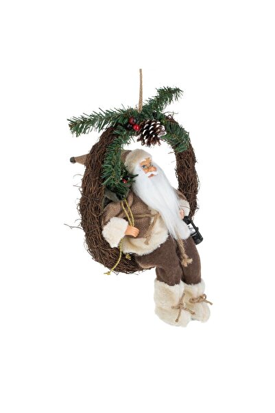 OEM Decorative Wooden Christmas Wreath with Santa Claus in Brown Coat & Lantern Ø30cm