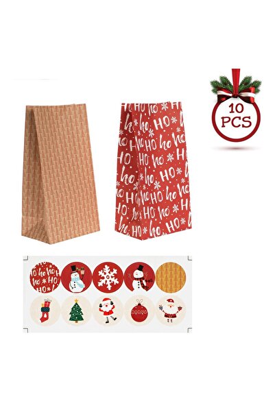 OEM Paper Bags for Christmas Sweets Red Hohoho Brown Fir Trees 12x8x23cm - 10pcs
