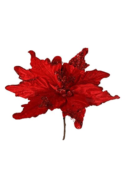 OEM Floare Decorativa de Craciun Rosie Catifelata cu Glitter Paiete 30cm