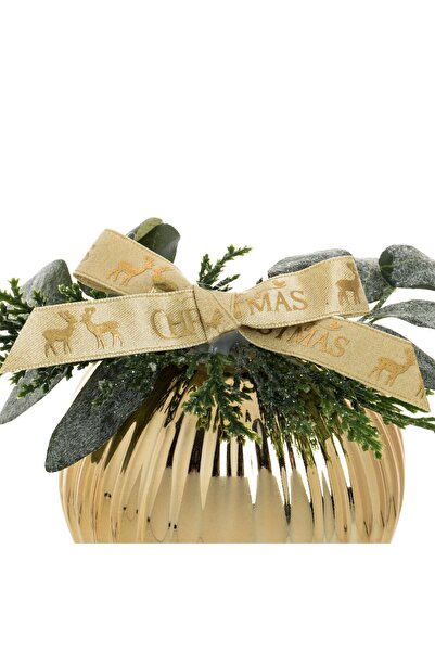 OEM Gold Ceramic Globe with Glitter Branch Gold Ribbon Christmas Decoration Ø9x11cm