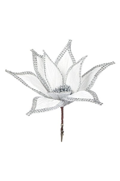OEM Floare Decorativa de Craciun Catifelata Alba cu Strass Argintiu & Clips 24cm