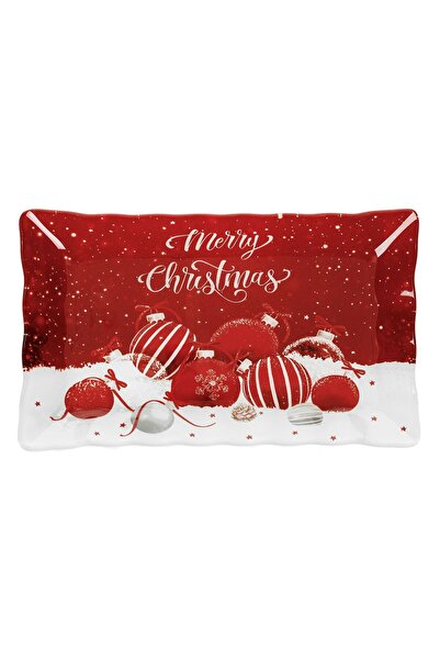 OEM Platou din Sticla pentru Craciun Globuri Rosii "Merry Christmas" 25x15cm