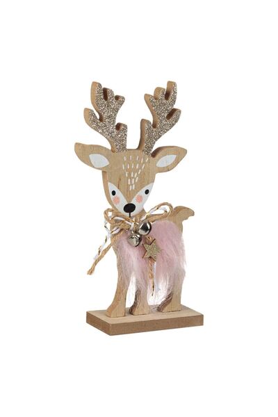OEM Decoratiune de Craciun din Lemn Cerb Blana Roz Clopotel 18cm