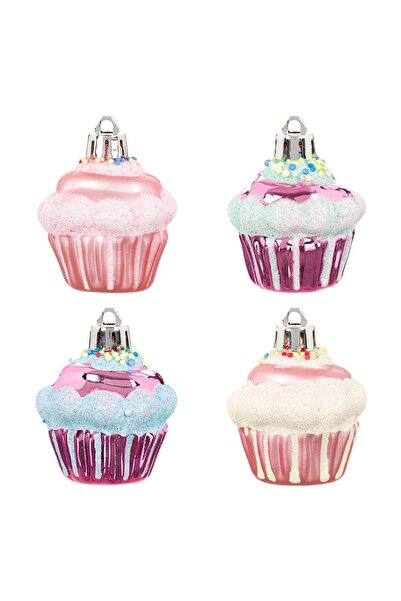 OEM Set Ornamente de Craciun Cupcake Mov Roz Glitter 5.5cm - 4buc