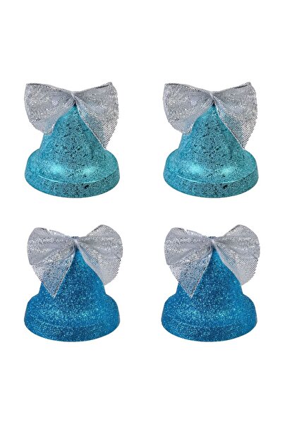OEM Christmas Ornaments Set Turquoise Bells Glitter Silver Bow 6cm - 4pcs