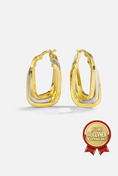 MEKS JEWELS Mikron Altın Kaplama Gümüş Dikdörtgen Küpe