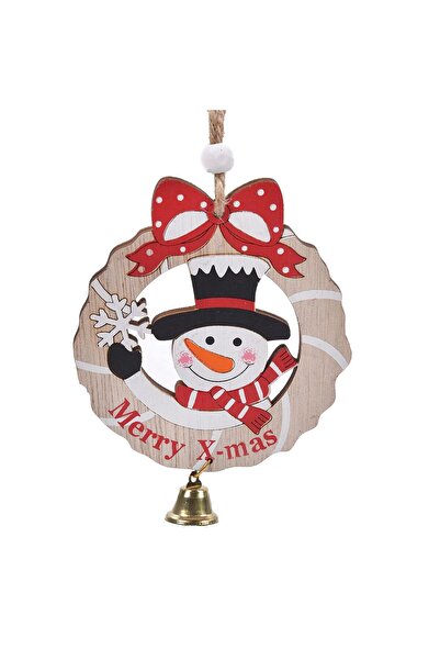 OEM Ornament din Lemn Brad de Craciun Glob cu Om de Zapada Clopotel 10cm