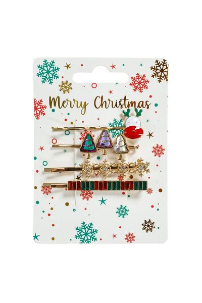 OEM Metallic Gold Hair Clips, Deer, Snowflakes, Christmas Rhinestones - 4pcs
