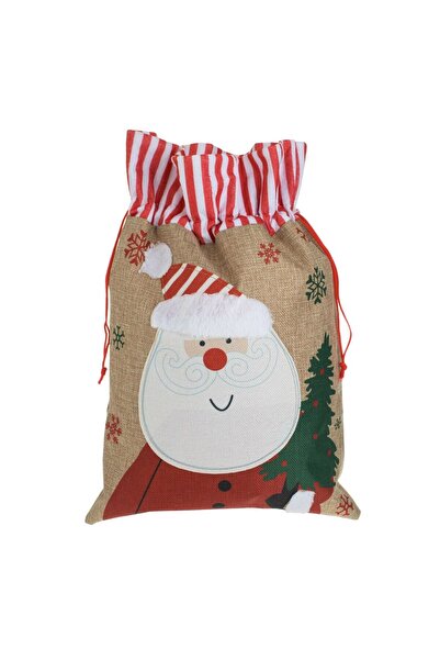 OEM Μπεζ Χριστουγεννιάτικη Τσάντα Δώρου Άγιος Βασίλης με Δέντρο 35x50εκ.