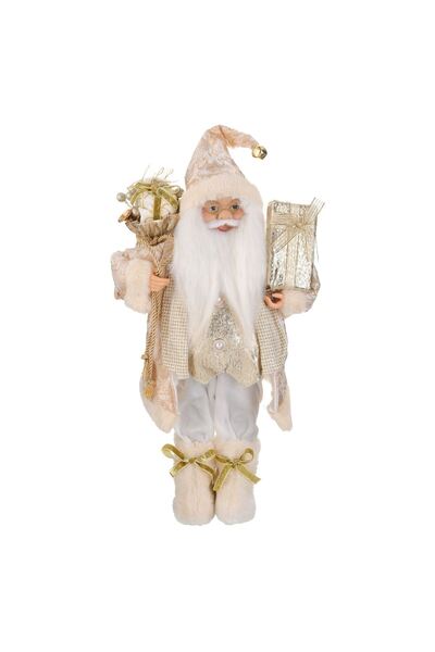 OEM Φιγούρα Άγιου Βασίλη με μπεζ σαμπανί παλτό, δώρο και τσάντα, 45 εκατοστά