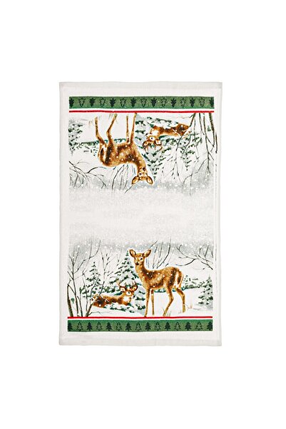 OEM Λευκή Βαμβακερή Πετσέτα Κουζίνας με Ελάφι και Χιονισμένο Τοπίο 63x38εκ.