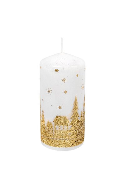OEM White Christmas Candle with Gold Glitter Fir Trees Flakes Ø5x12.5cm