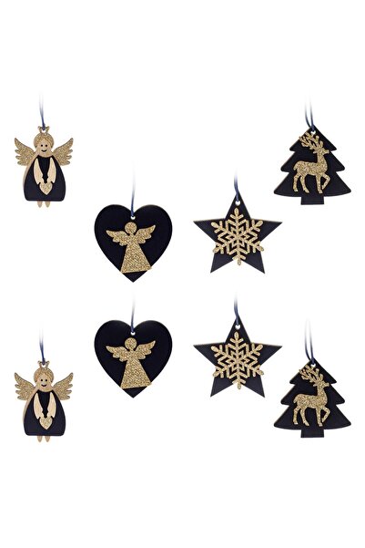 OEM Ornamente Brad de Craciun 4 Modele din Lemn Albastre Aurii Catifelate 5cm - 8buc