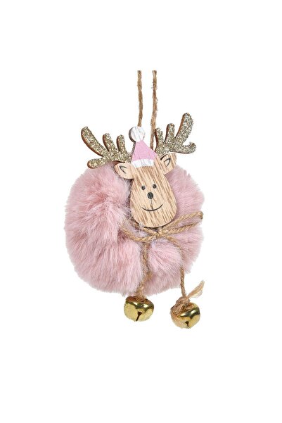 OEM Wooden Christmas Tree Ornament Deer with Pink Fur & Bells Ø8cm